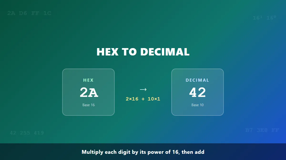 Hexadecimal 2A converting to decimal 42 using the formula 2 times 16 plus 10
