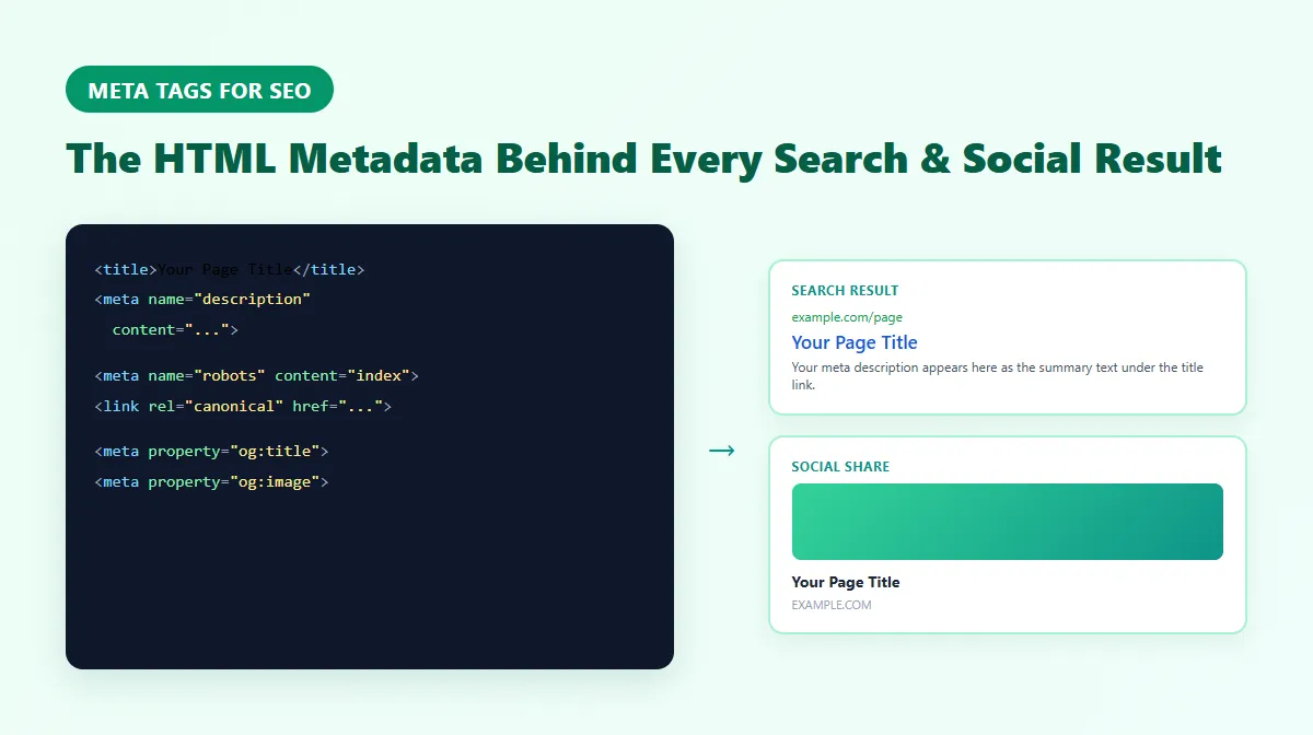 Illustration of an HTML head section with meta tags connecting to a search result preview and a social media share card