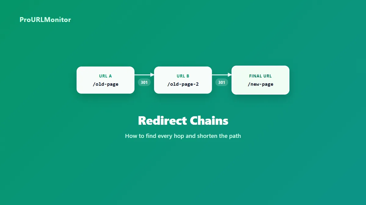 Diagram showing a redirect chain with a URL passing through two intermediate redirect hops before reaching its final destination