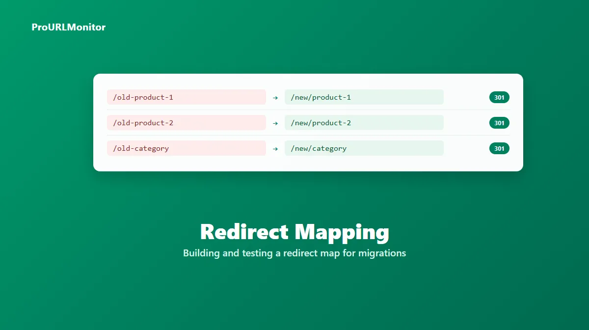 Diagram showing a redirect map with old URLs mapped one-to-one to new URLs, each marked with a 301 status code