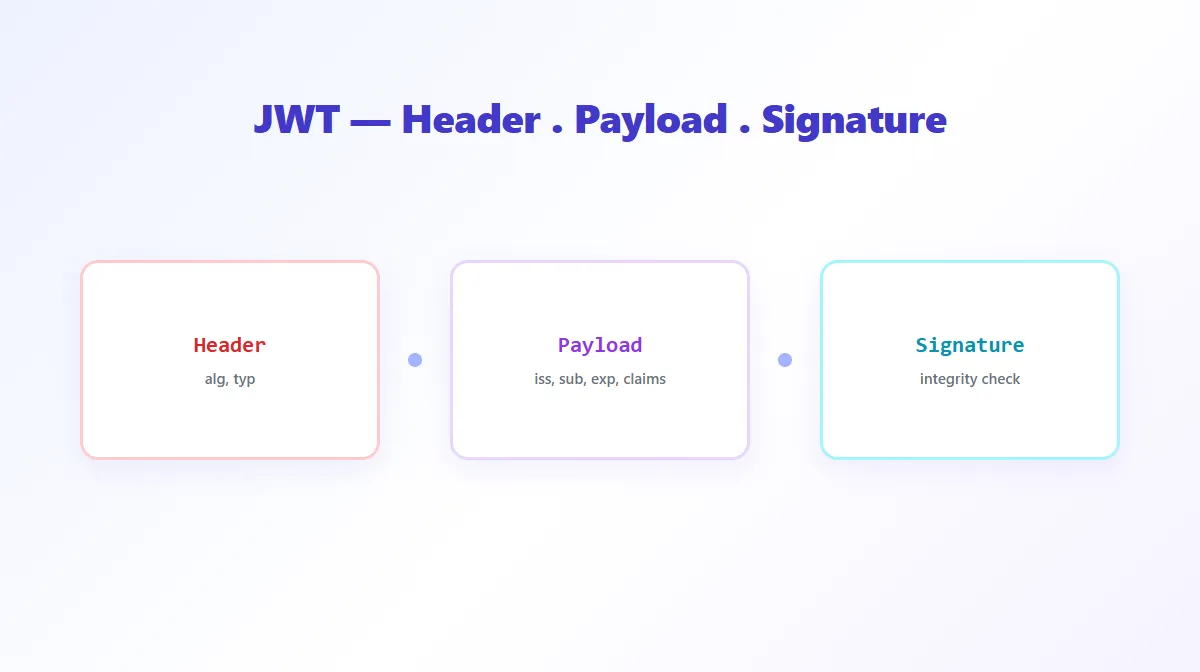 Diagram of a JWT split into its three color-coded parts: header, payload, and signature