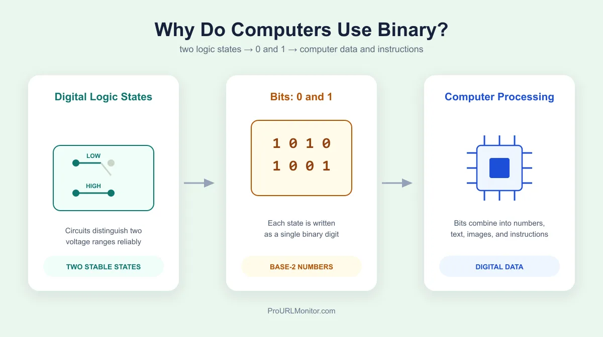 Digital circuit logic states represented as binary 0s and 1s flowing into a computer processor